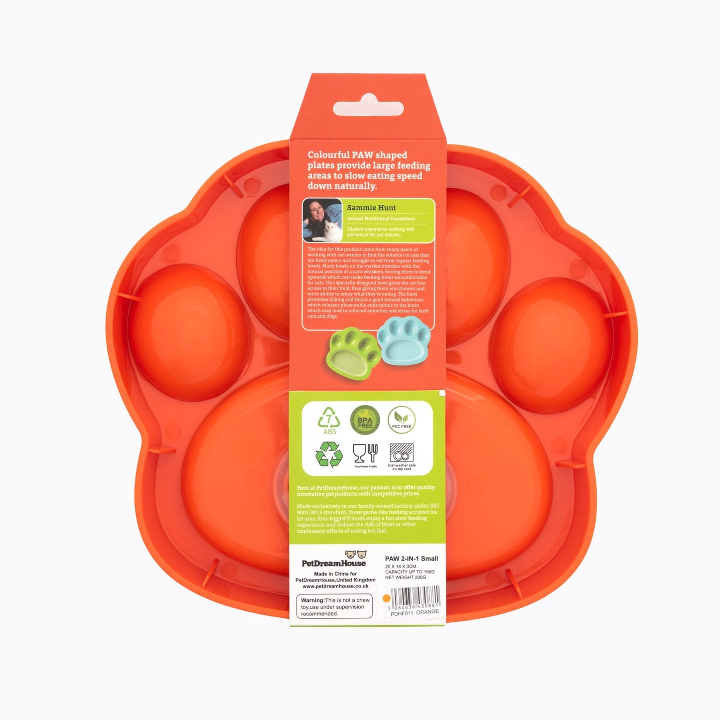 PAW 2-in-1 Slow Mini Slow Feeder & Lick Pad for Cats & Small Dogs - Orange