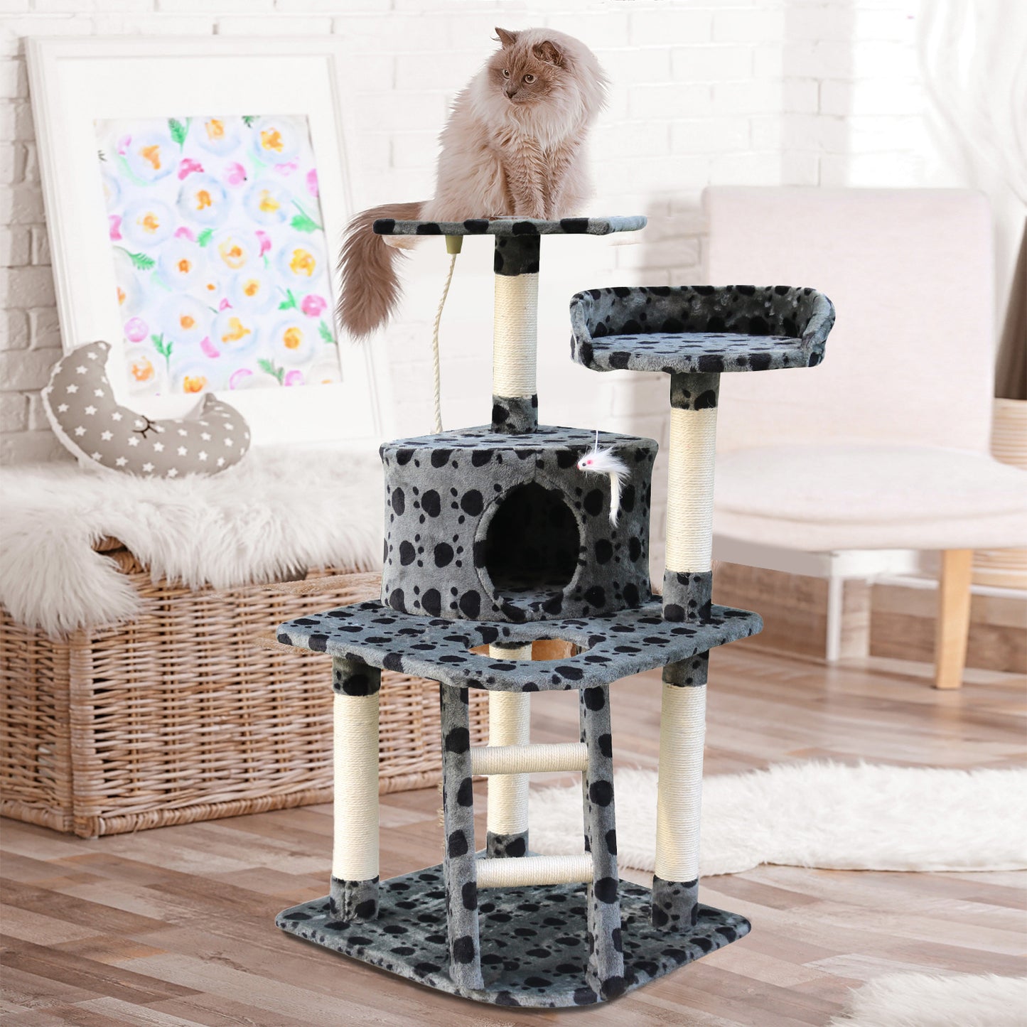 4Paws Cat Tree Scratching Post House Furniture Bed Luxury Plush Play 120cm - Grey