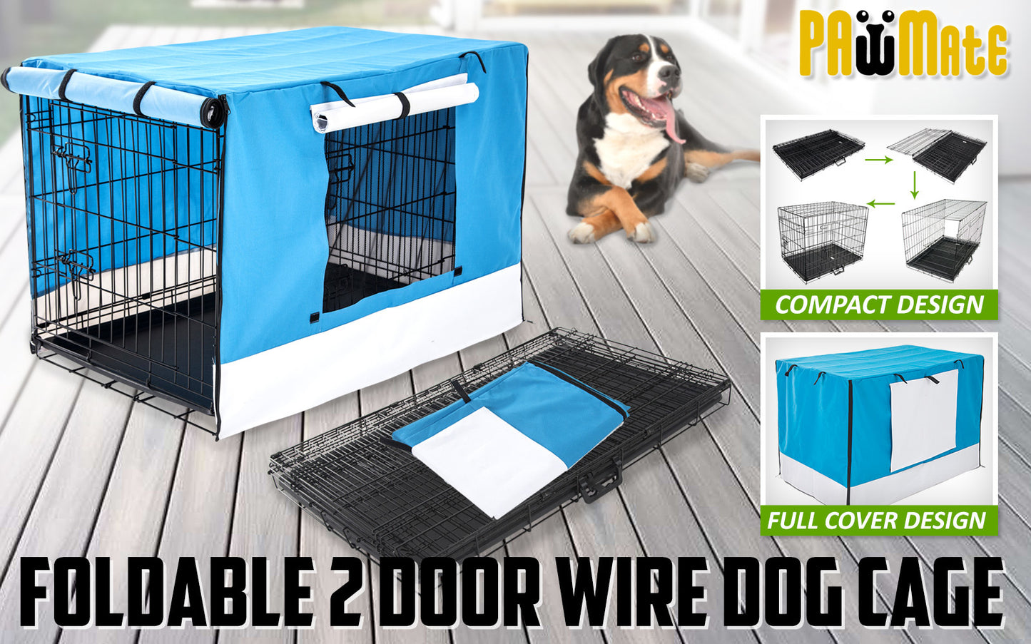 Wire Dog Cage Foldable Crate Kennel 30in with Tray + BLUE Cover Combo