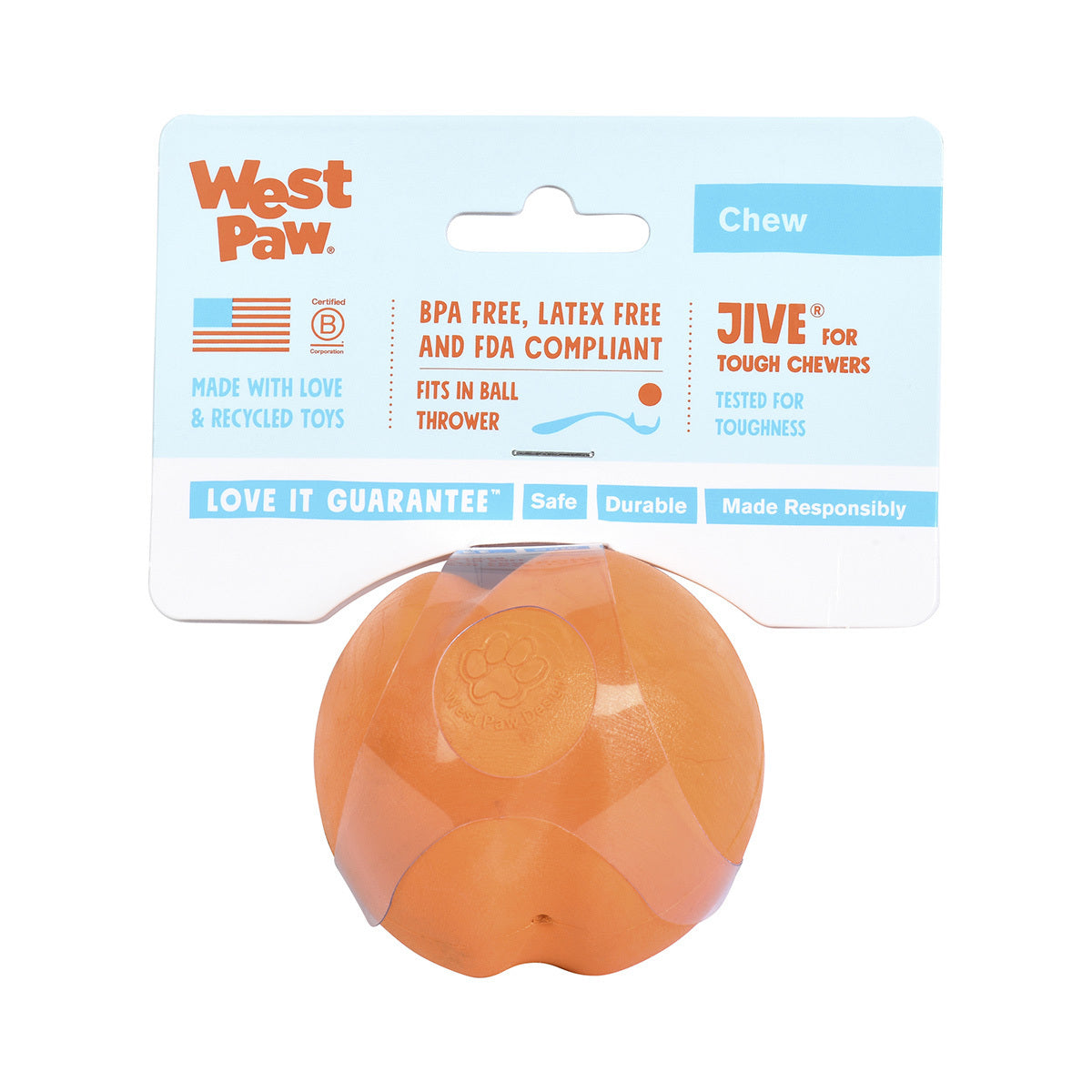 West Paw Jive Zogoflex Fetch Ball Tough Dog Toy - X-Small - Orange