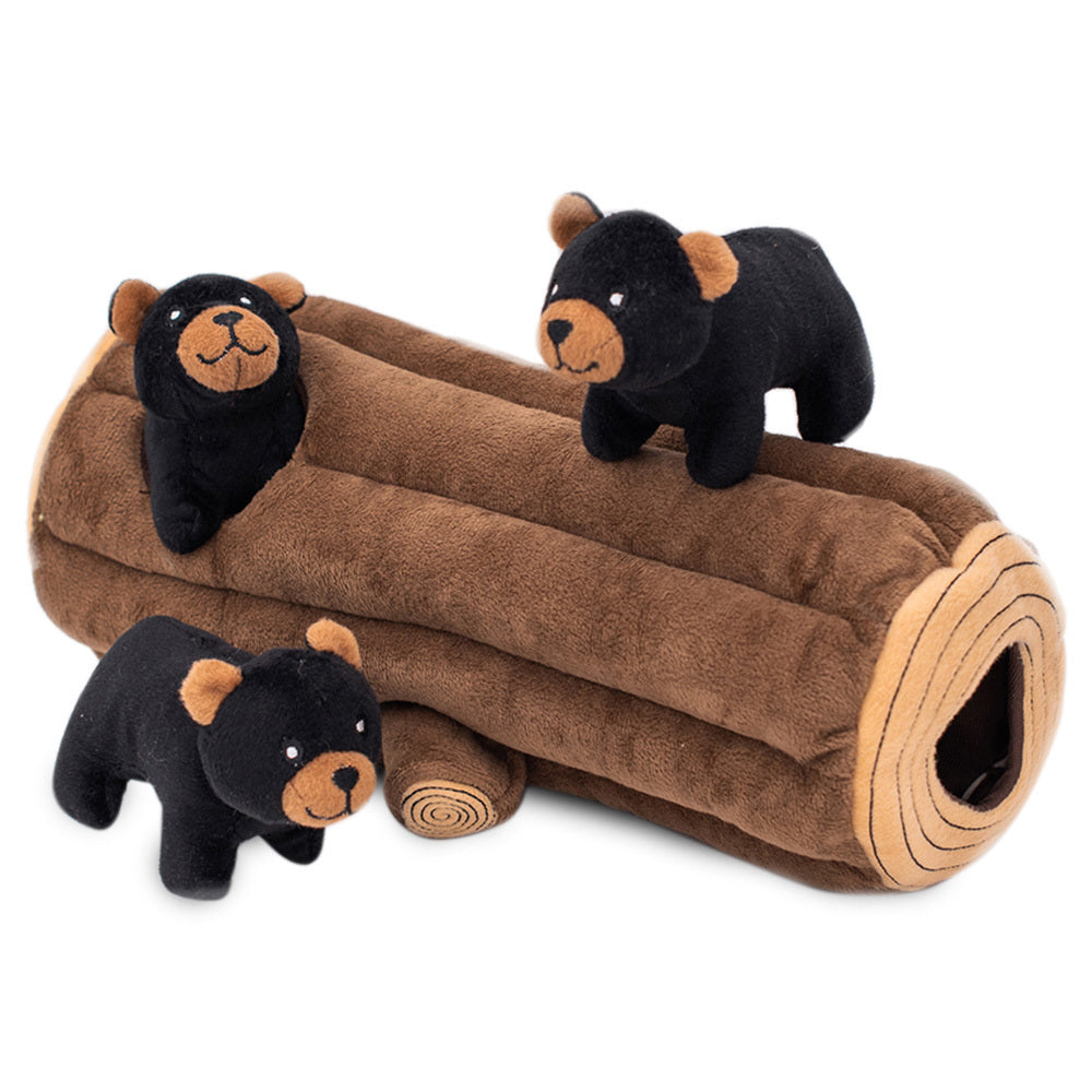 Zippy Paws Zippy Burrow Interactive Dog Toy - Black Bear Log + 3 Bears